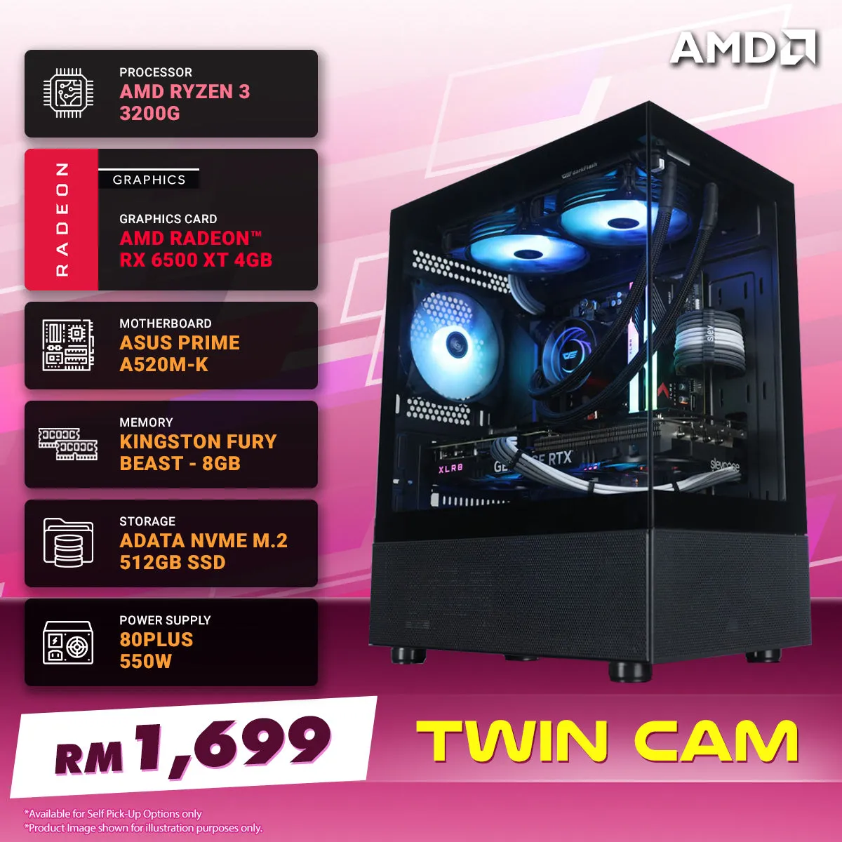 ALL IT PC Package - TWIN CAM | AMD Ryzen 3200G / RX 6500 XT 4G / 8GB RAM / 512GB SSD