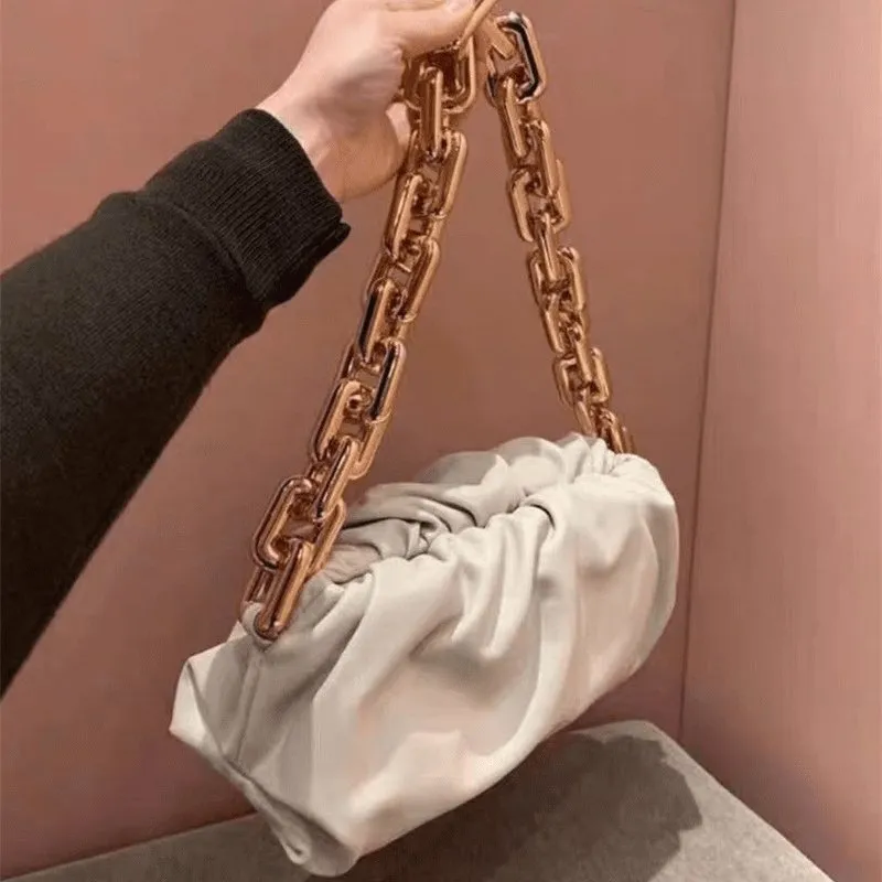 Casual Thick Chain Crease Design Solid Color Shoulder Handle Bag