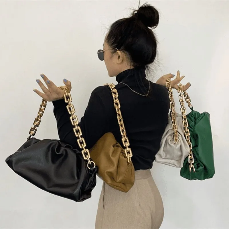 Casual Thick Chain Crease Design Solid Color Shoulder Handle Bag