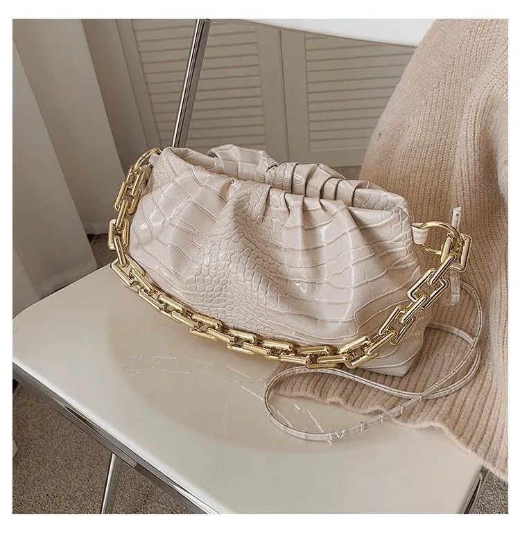 Crease Thick Chain Design Solid Color Shoulder Bag Tote Baguette