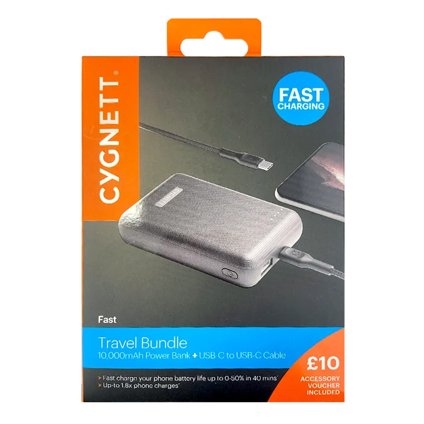 Cygnett Fast Charging travel bundle 10000mAh Power Bank USB-C to USB-C Cable Black