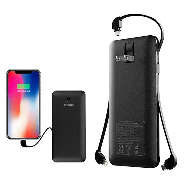 ETL 10000mAh AC plug Portable Power Bank Charger with built-in Lightning cable   Micro Cable   Type-c cable for iphone android phone Heloideo PB147AC