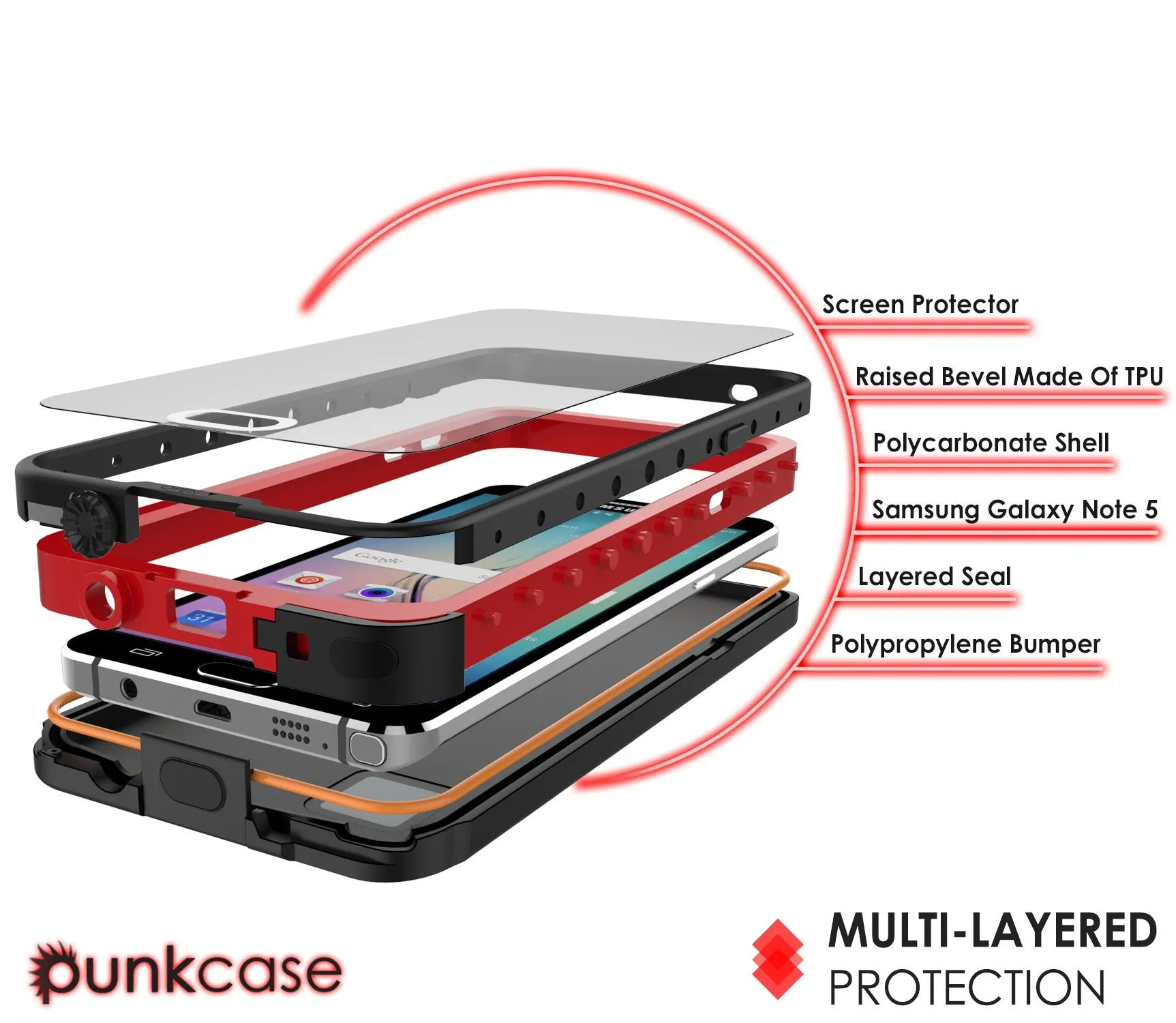 Galaxy Note 5 Waterproof Case, Punkcase StudStar Red Water/Shock/Dirt/Snow Proof | Lifetime Warranty