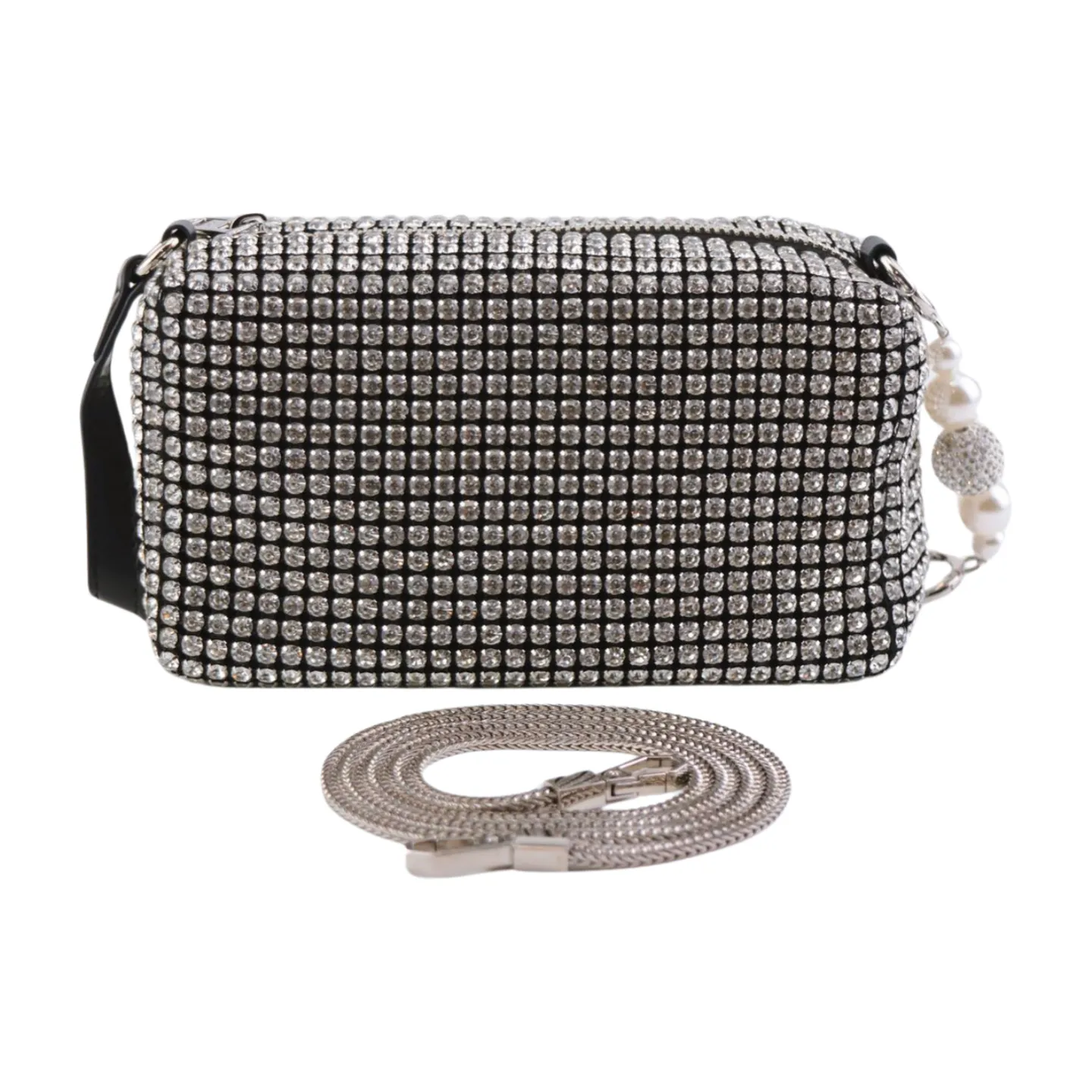 Heiress Pouch, Luxury Women's Diamond Rhinestone Mesh Pearl Handle Silver Stainless Steel Chain Purse