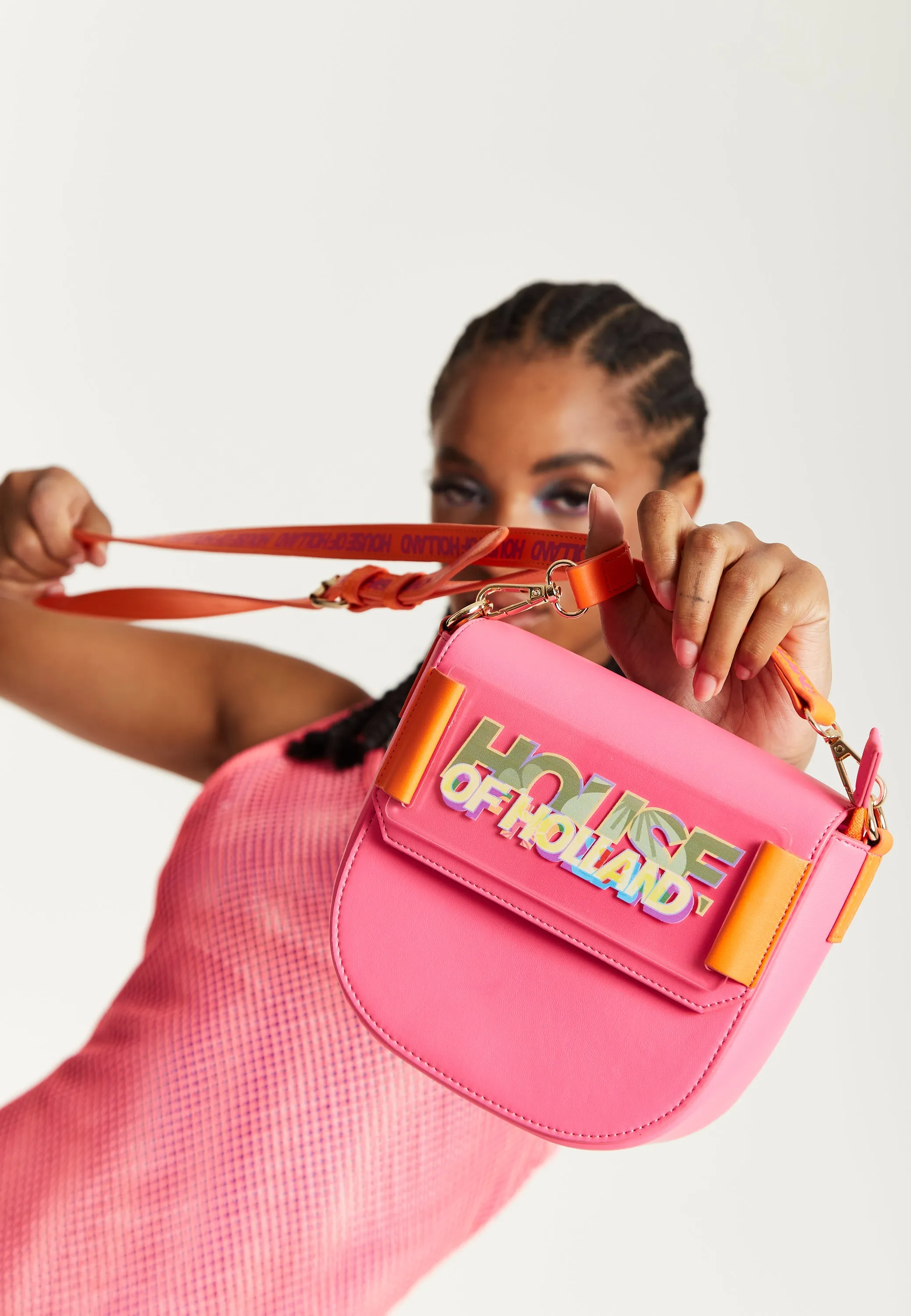 House Of Holland Pink and Orange Crossbody Bag With Logo Printed Acrylic Front